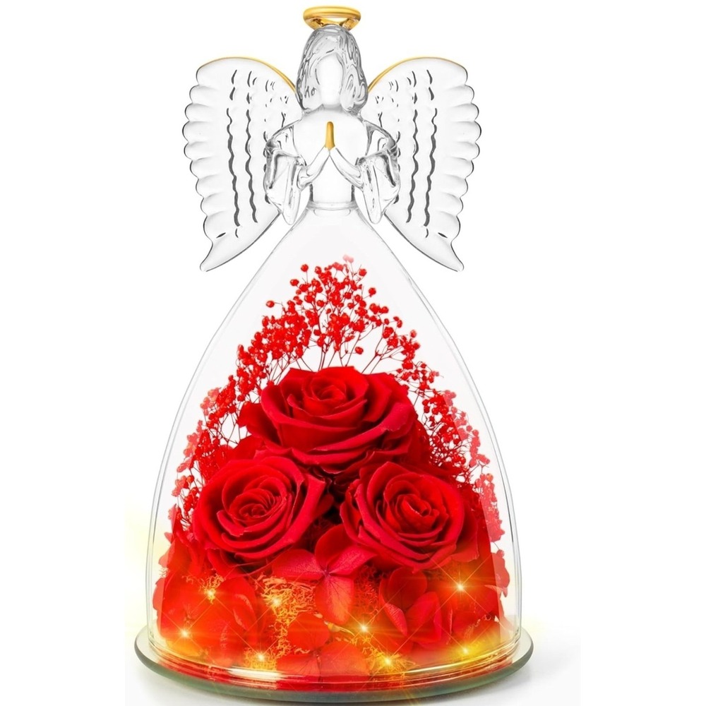 Valentines Flower Gift for Grandma Mom, Forever Real Roses in Angel Figurine